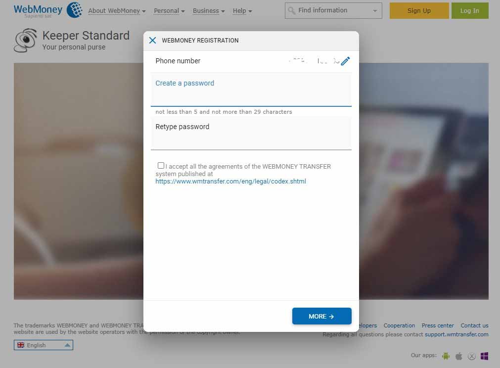 انتخاب پسورد برای ثبت نام حساب وب مانی