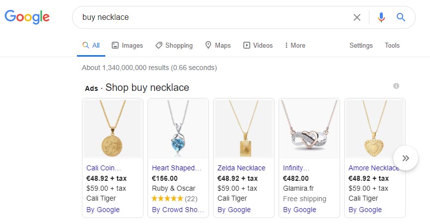 انواع تبلیغات گوگل ادز به همراه مزایا و ویژگی های آنها - مثالی از تبلیغات Shopping با جستجوی Necklace