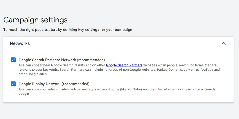 تنظیمات شبکه‌های نمایش در ساخت کمپین گوگل ادز