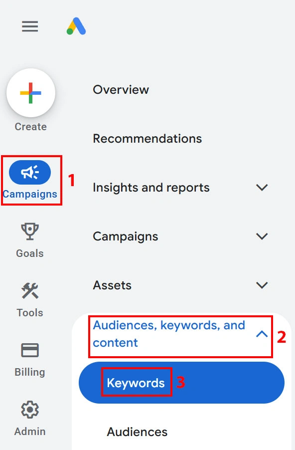بررسی گزارش کلمات کلیدی - داشبورد گوگل ادز
