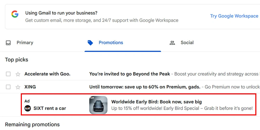 نمونه تبلیغ ساخته شده در کمپین Demand Gen - نمایش در جیمیل