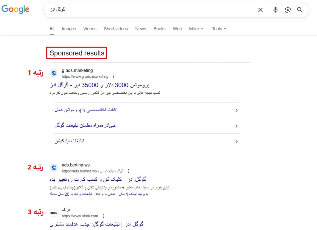 رتبه بندی تبلیغات سرچ گوگل در SERP