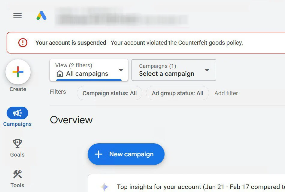 اعلان ساسپند شدن اکانت گوگل ادز